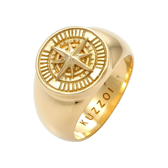 KUZZOI Men's Signet Ring Compass 925 Silver 14K Gold Plated Size 9-11