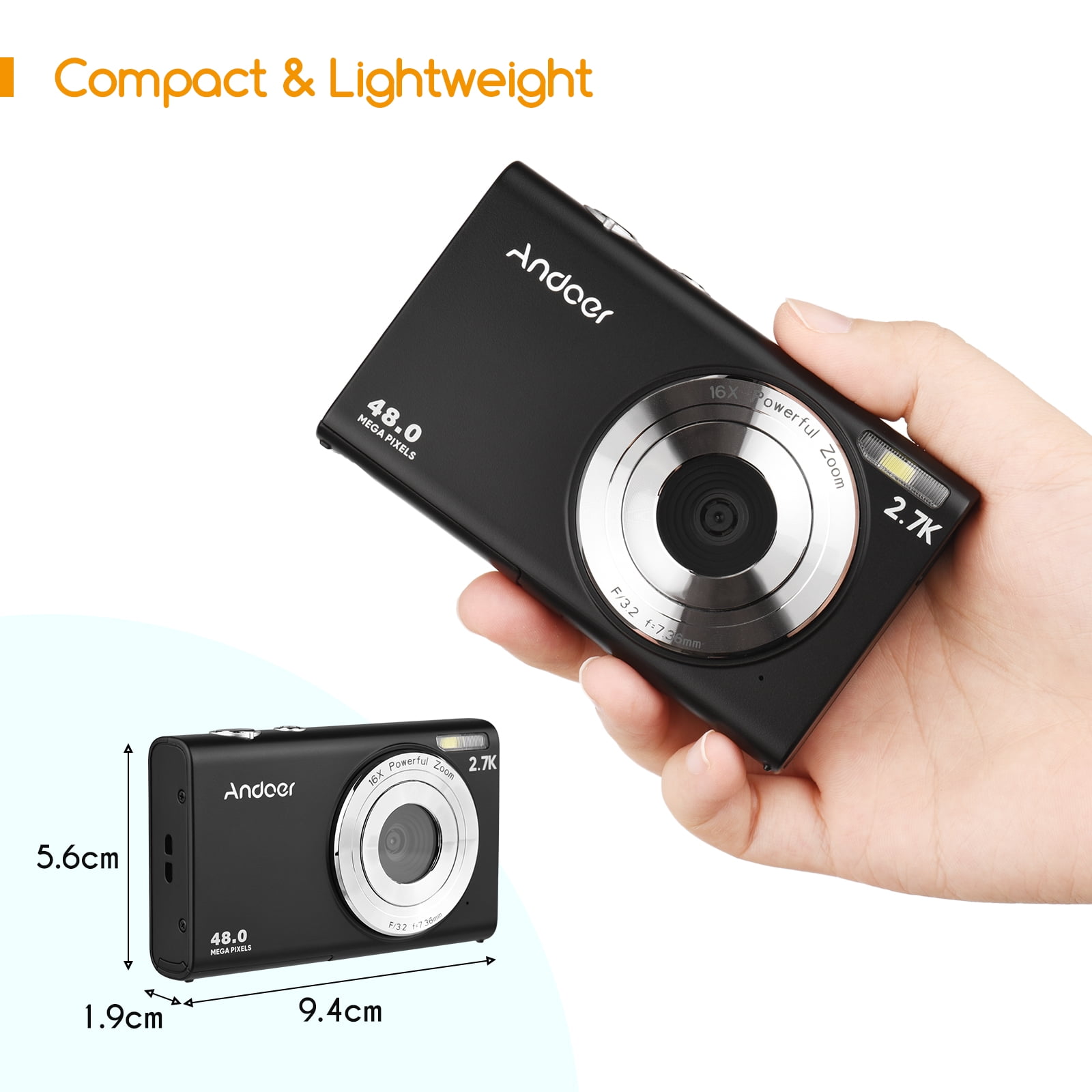 Andoer 2.7K Digital Camera Compact Video Camcorder 48MP Auto Focus 2.88 Inch IPS Screen 16X Zoom -shake Face Detact Smile Capture Built-in LED Fill Light with Carry Bag Wrist Strap 2pcs Batt