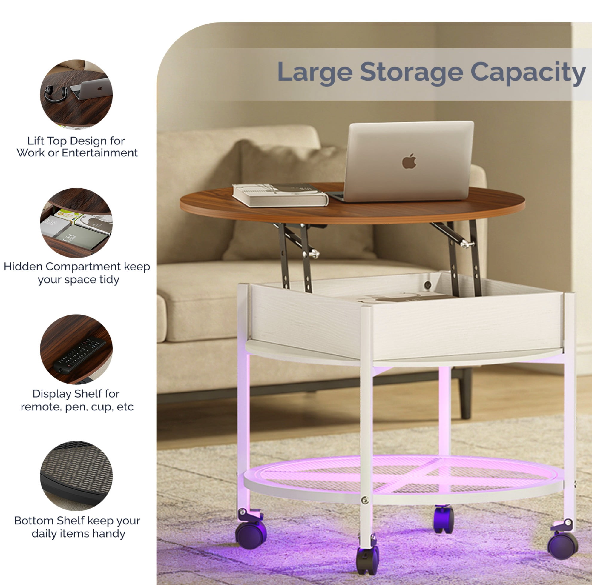 Ktaxon Mid-Century Coffe Table with Lift Top, 26.7" Round Coffee Table with Storage and Rolling Wheels, Modern Center Table for Small Spaces, Washed White