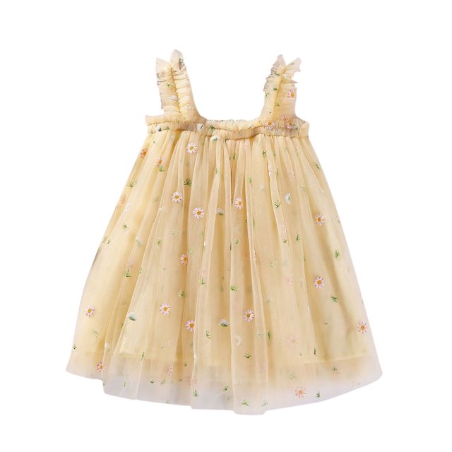 FAOWME Robe de Fête Sans Manches pour Filles, Robe de Danse à Fleurs, Robe d'Été Jaune 4-5 Ans