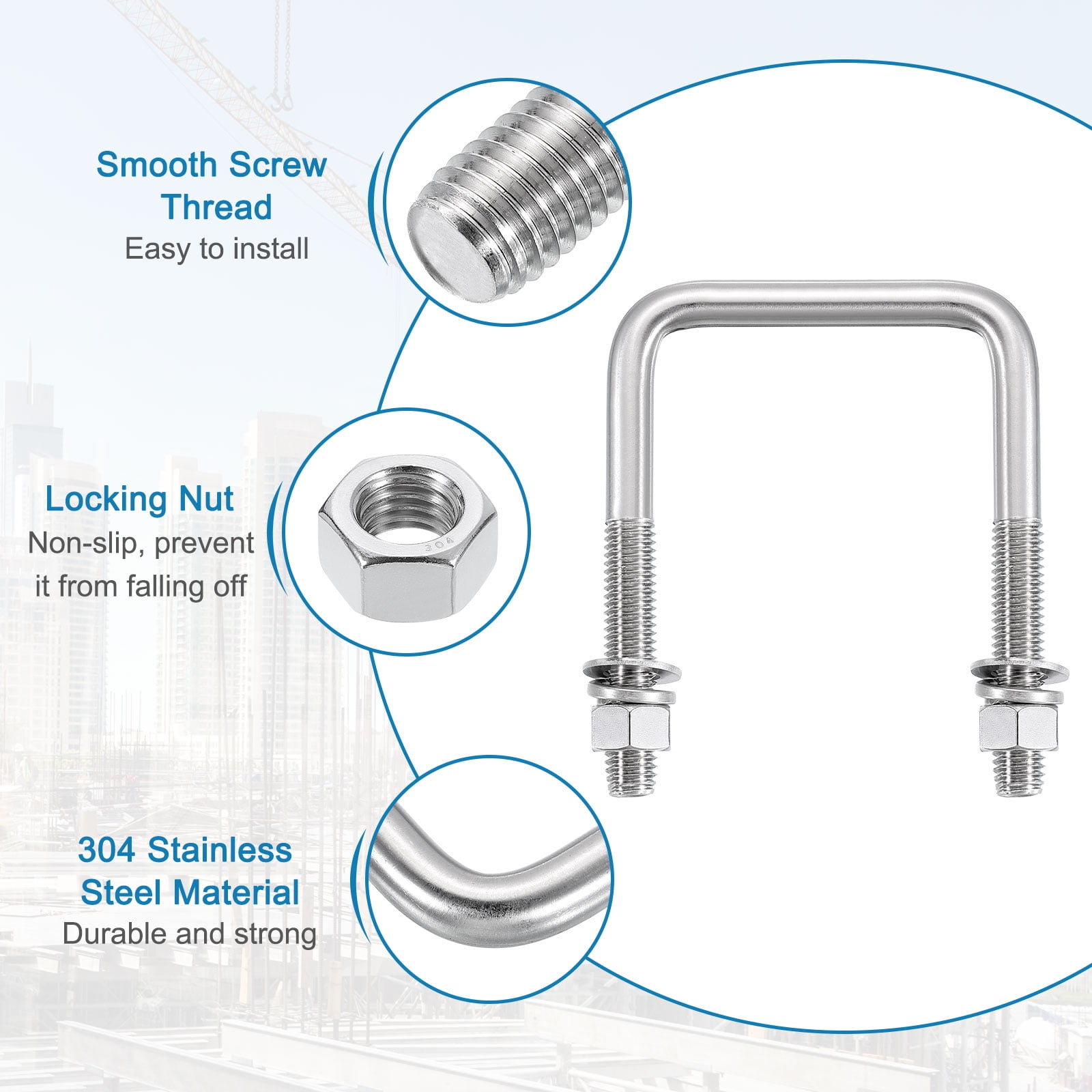 Uxcell U Bolts, 4 Set 3-1/16" x 4-5/16" - 304 Stainless Steel Square U Bolt with Washers and Nuts, Heavy Duty U-Bolts for Boat Trailer Ski Boat Trailer Sailboat Industrial Fasteners