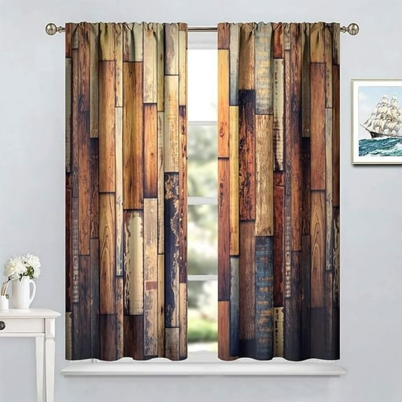 Retro Wooden Blackout Window Curtains, Farmhouse Rustic Brown Old Wooden Plank Fabric Rod Pocket Window Drapes Set For Bedroom Bathroom Kitchen 26"W x 45"L (Pack of 2)