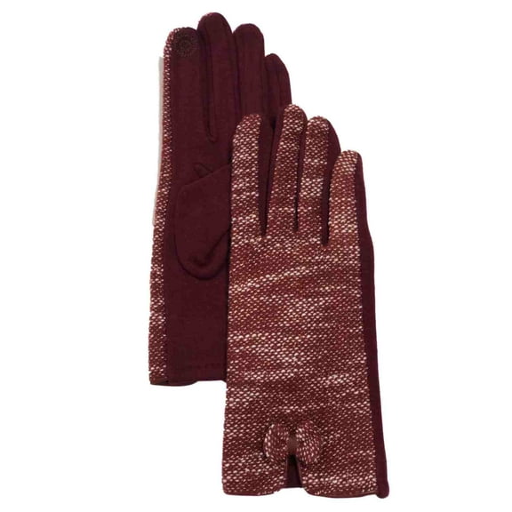 Womens Burgundy Red Tweed Bow Stretch Fit Texting & Tech Touchscreen Gloves