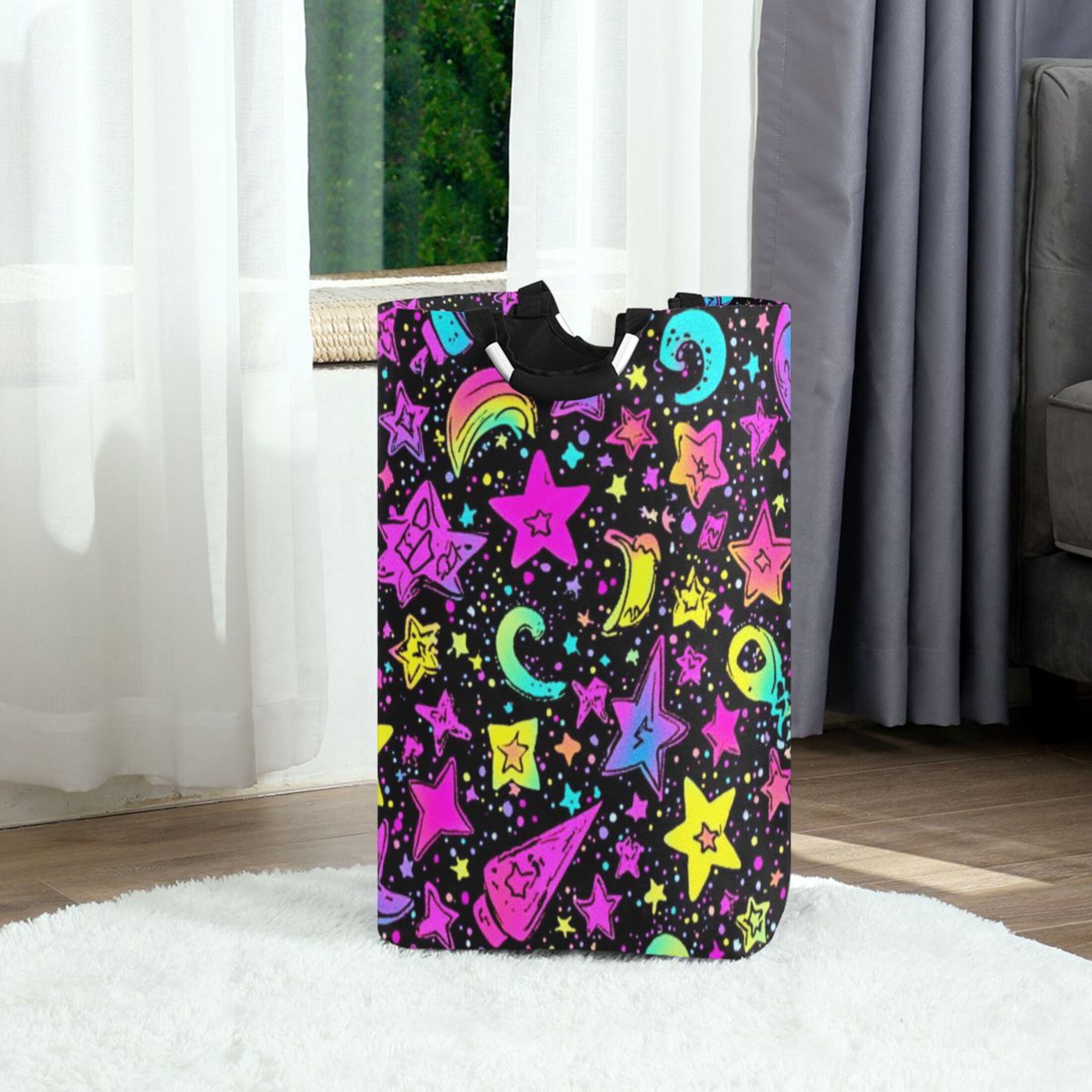 Neon Stars Print Laundry Basket with Handles 50L Collapsible Laundry Hamper for Bathroom Bedroom Laundry Room