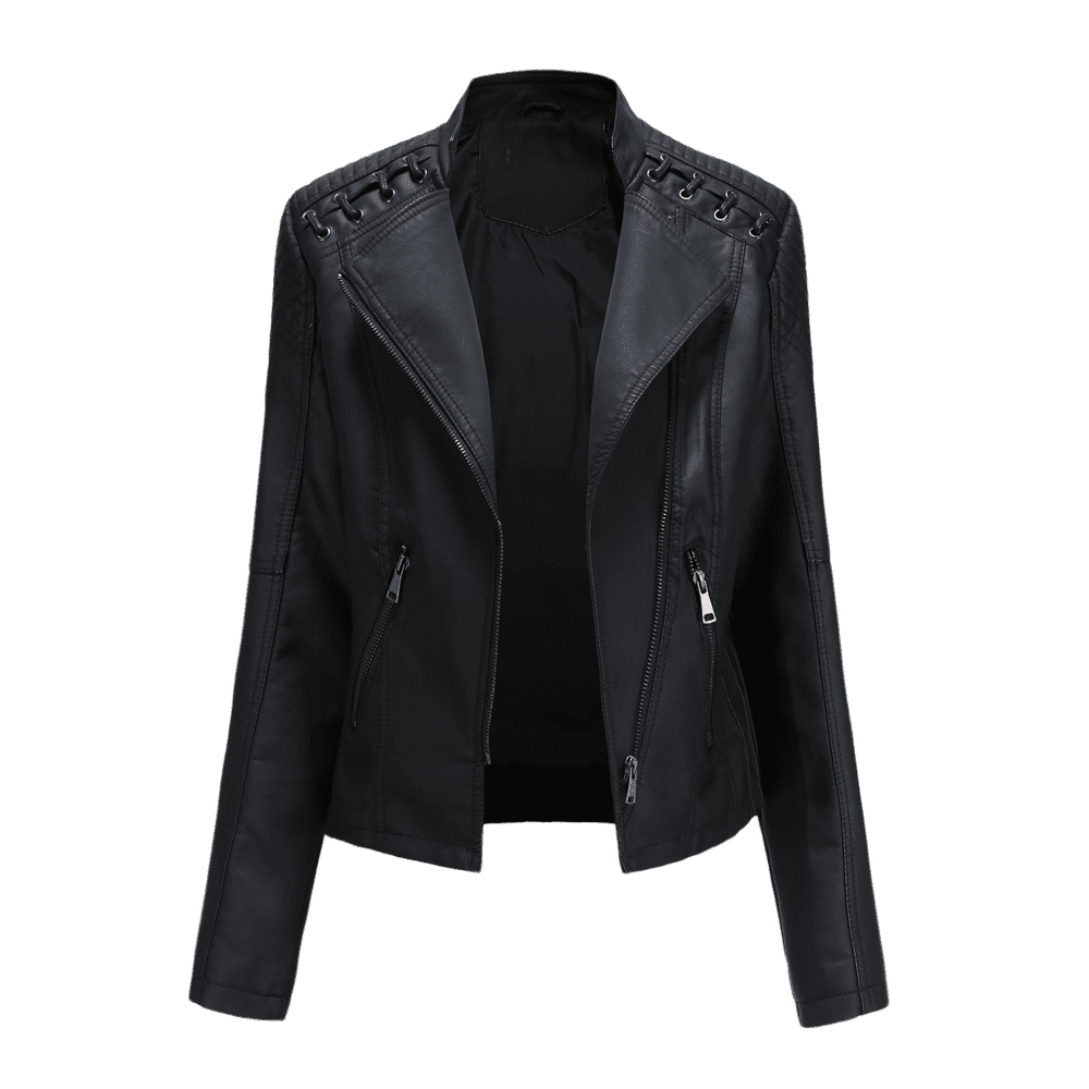 QATAINLAV Women's Faux Leather Moto Jacket Casual Short Solid Color Biker Coat Fall Winter Long Sleeve Zip Up Jackets with Pockets, Black, XXXXL