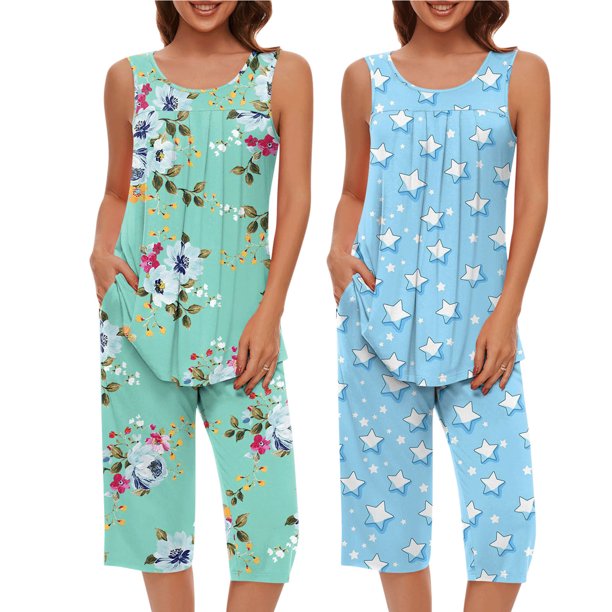 Conjunto de Ropa de Salón para Mujer, Ropa de Dormir con Cuello en V Impresión de Manga Corta Blusa Y Pantalones Cortos con Cintura Elástica Hecha de Poliéster, Blusas para Mujeres Casual