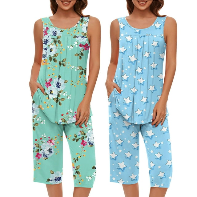 Conjunto de Ropa de Salón para Mujer, Ropa de Dormir con Cuello en V Impresión de Manga Corta Blusa Y Pantalones Cortos con Cintura Elástica Hecha de Poliéster, Blusas para Mujeres Casual
