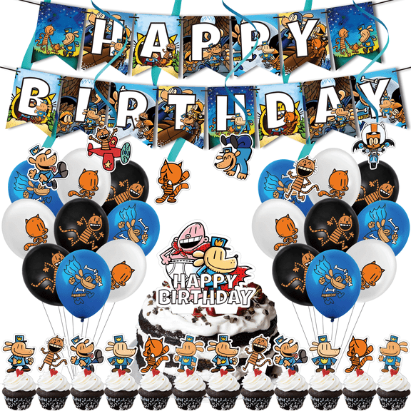 38 PCS For Dog Man Cartoon Themed Birthday Party Decorations Set – Includes Banner, 6 Spiral Ornament, Cake Topper, 18 Balloons, 12 Cupcake Toppers and Party Supplies