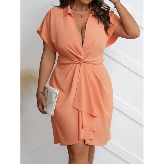 Coral Orange Plus Size Twist Front Short Sleeve Shirt Dress Casual Elegant Summer Dress For Women