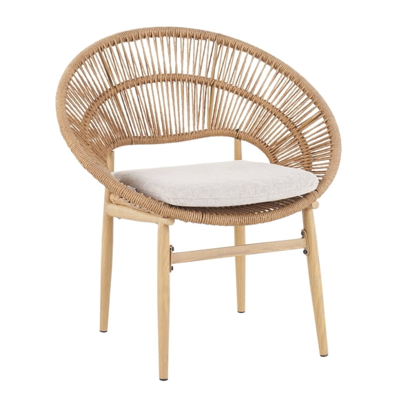 Patio Furniture Cyril Outdoor Wicker Papasan Style Dining Chair, Teak Finished Leg and Light Brown Faux Rattan, Beige Cushion, Set of 2,Patio Chairs