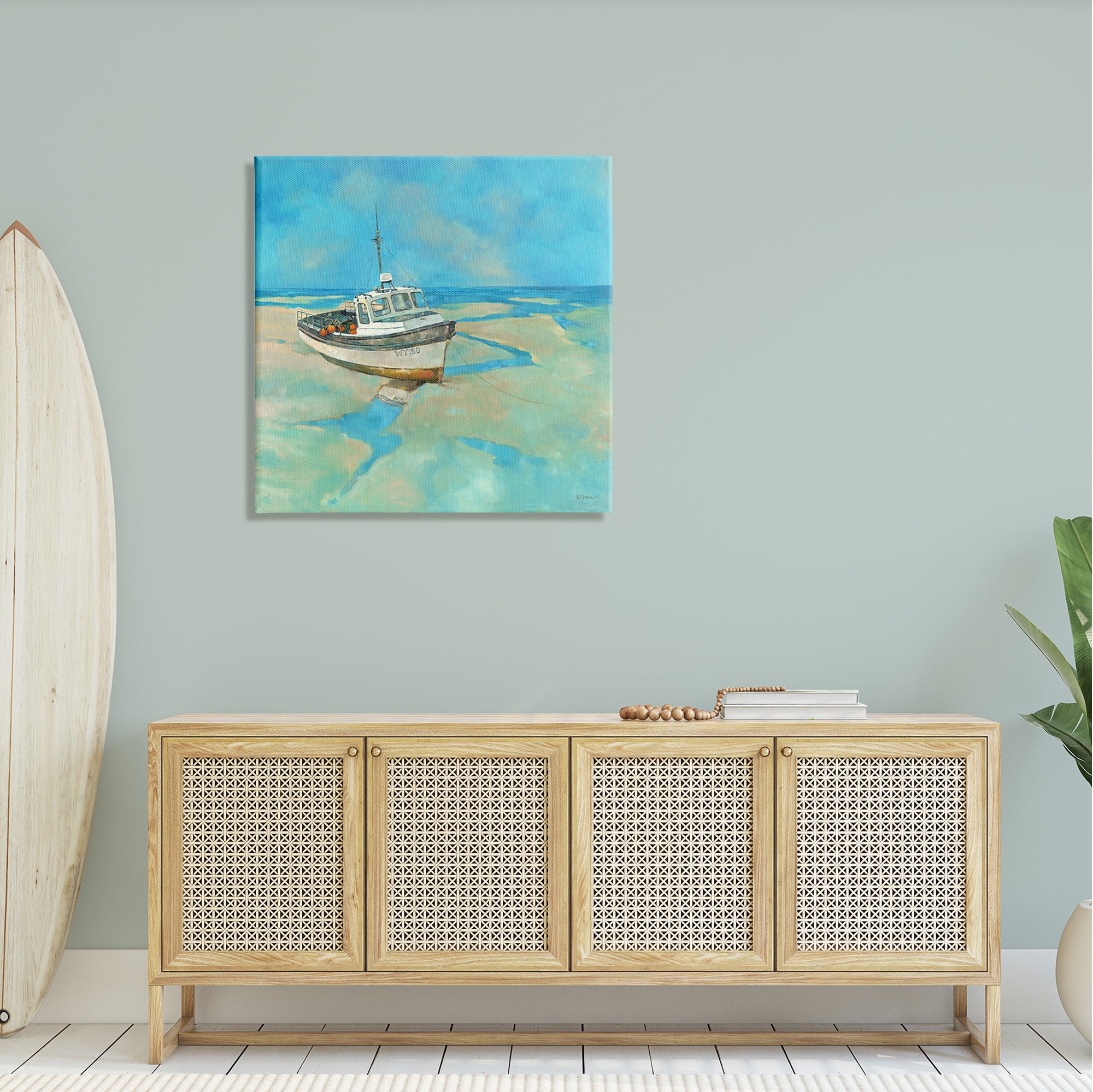 Stupell Docked Boat Low Tide Shore Landscape Painting Gallery Wrapped Canvas Print Wall Art