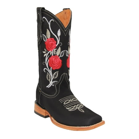

Women’s Square Toe Black Western Cowboy Boot Floral Rose Embroidery