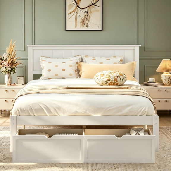 Full Size Bed Frame with Storage, UHOMEPRO Full Bed with Headboard and Under-Bed Storage Drawers, Easy Assembly Sturdy Platform Bed Frame, Space Saving, No Box Spring Needed, White