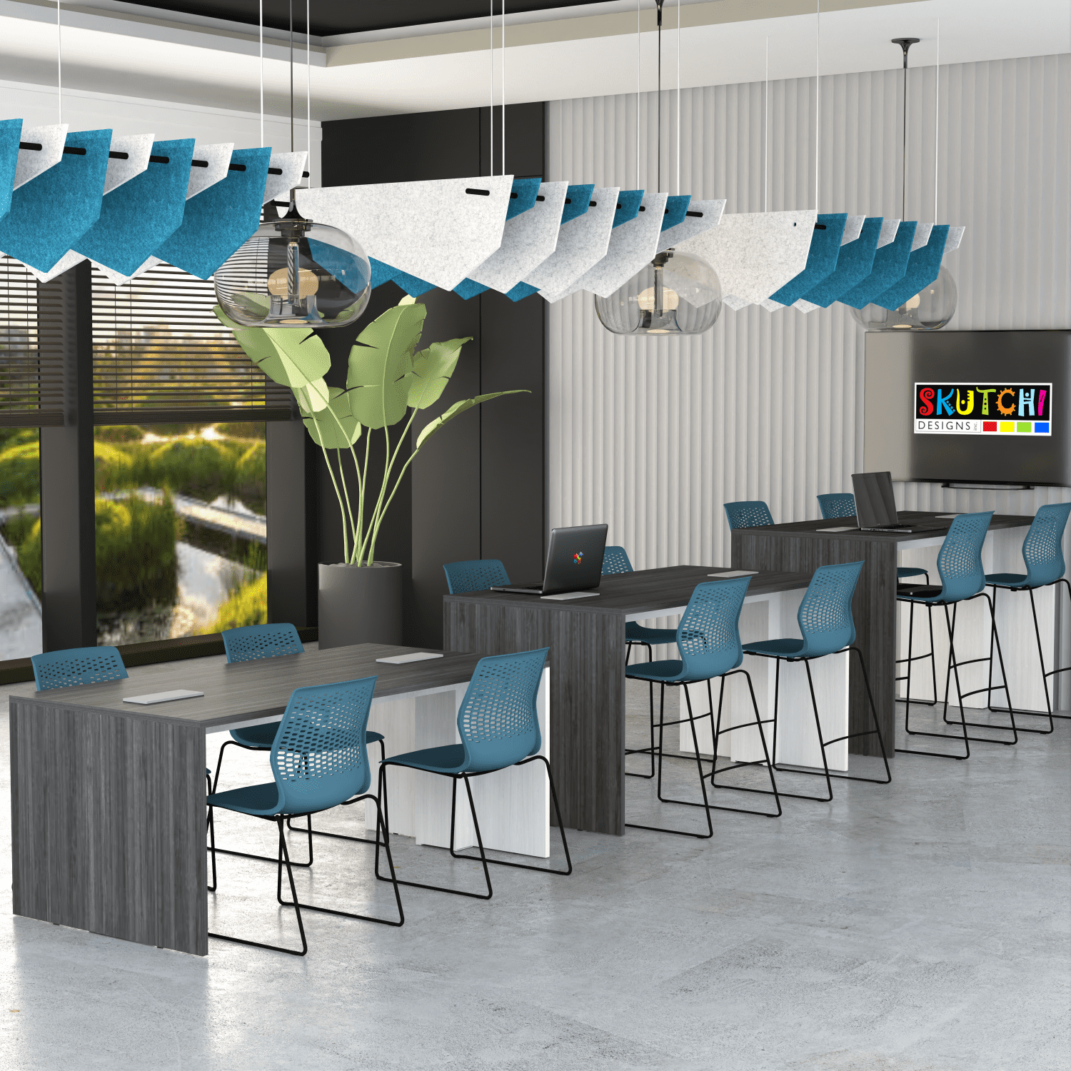 Counter Height Collaboration Table | 4 Person Face-to-Face Desk | 48 x 72 Inch Commercial Office Desk with Double Power & Data Modules - Lakeland Salt And Black