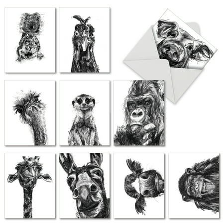 M2956TYG CHARCOAL ANIMALS' 10 Assorted Thank You Cards Featuring Charcoal Black and White Drawings of Animals, with Envelopes by The Best Card (Write With The Best)