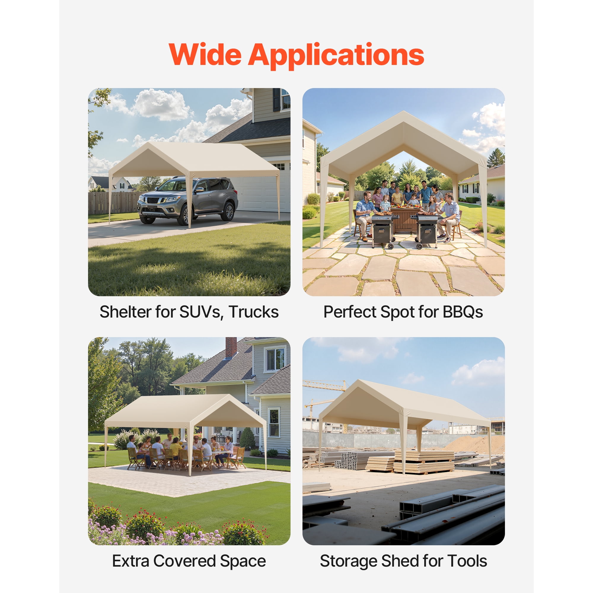 KFFKFF 12' x 20' Carport Replacement Canopy, UV-Resistant Waterproof Car Shelter Cover, Durable Portable Garage Tent Top