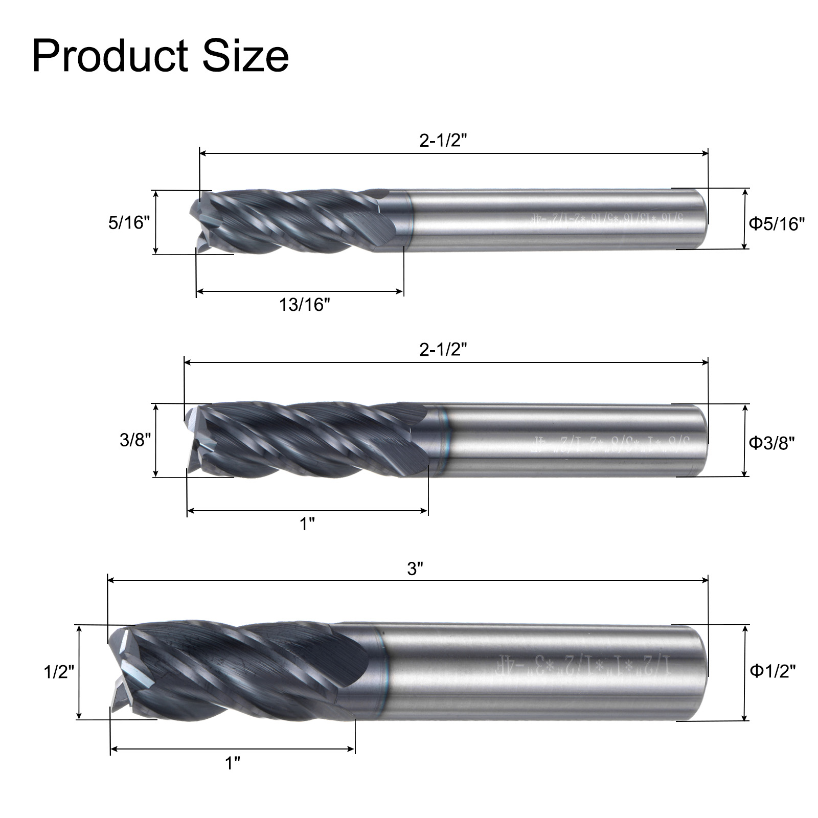 End Mill Set, 5/16" 3/8" 1/2" 4 Flutes Tungsten Steel Round Shank CNC Milling Bit
