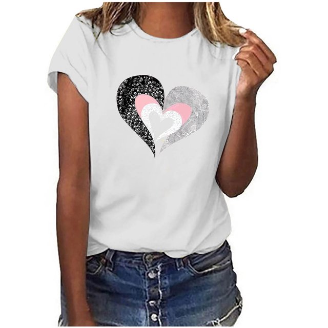 Hyknon Hauts pour Femmes Mode Été Saint-Valentin Imprimé Col Rond Manches Courtes Col Rond Haut/chemise Chandail Doux Polyvalent pour Sortir