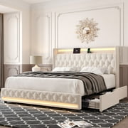 Homfa Queen Size LED Bed Frame with Outlets and USB Ports & Display Platform, 4 Storage Drawers Modern Crystal Button Tufted Upholstered Platform Bed Frame, Beige