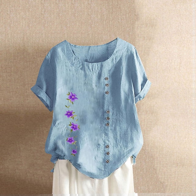 Fiudx Tops para Mujer Blusa Informal y de Lino con Botones y Manga Corta Estampada para Mujer