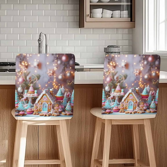 Candy Gingerbread Chair Covers Set of 4 Christmas Tree Light Ball Chair Back Covers Stretch Removable Washable Slipcovers Protector for Dining Room Kitchen Party Decor