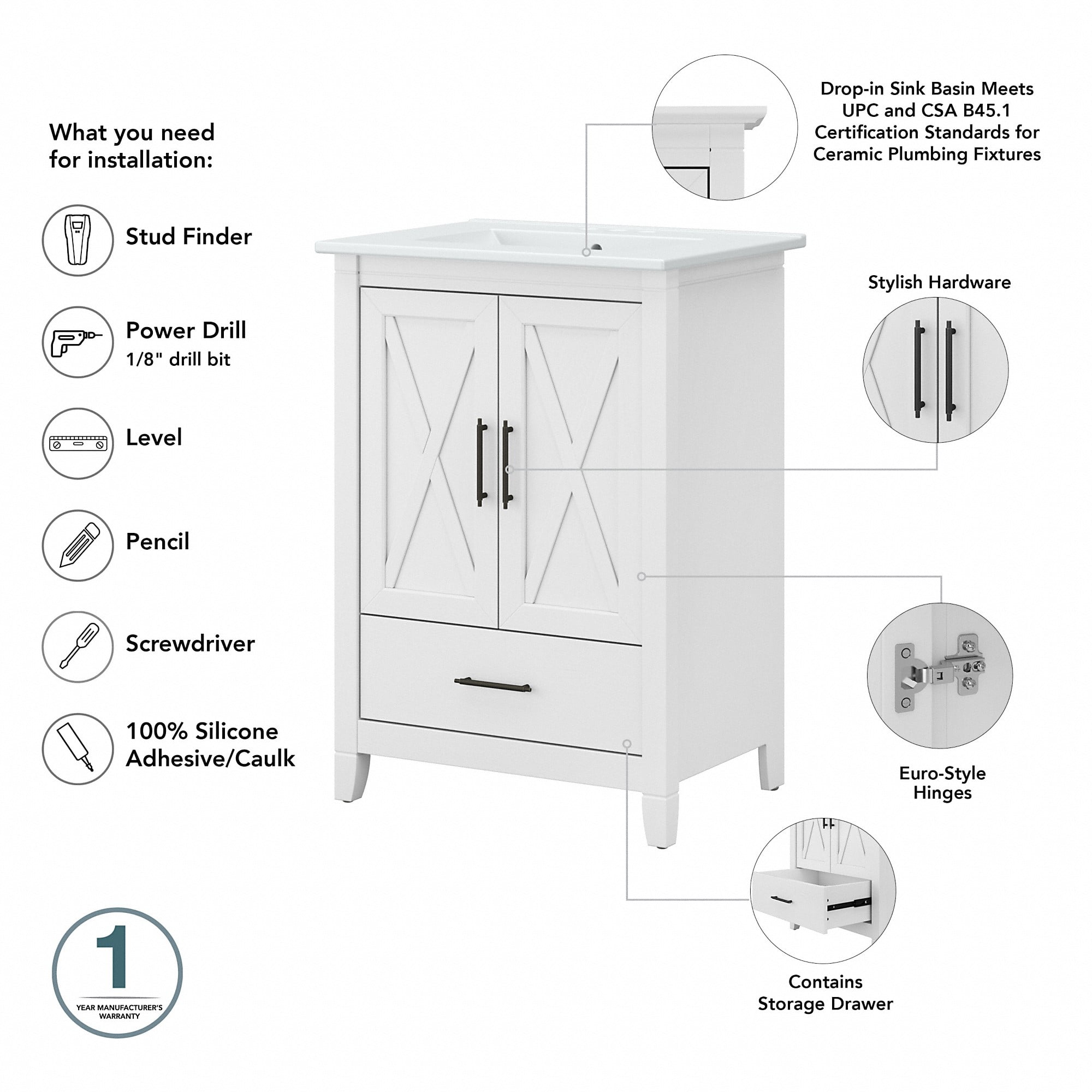 Bush Furniture Key West 24W Bathroom Vanity with Sink in White Ash