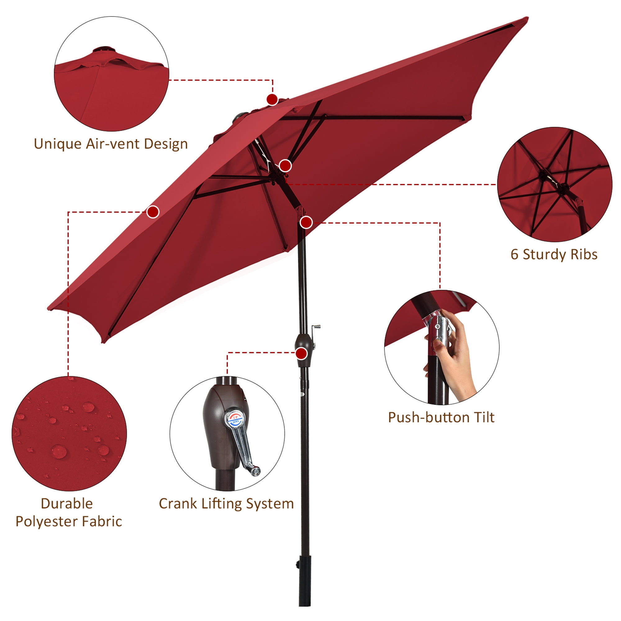 Gymax 10 ft Patio Umbrella Market Table Umbrella Yard Outdoor w/ 6 Ribs Burgundy