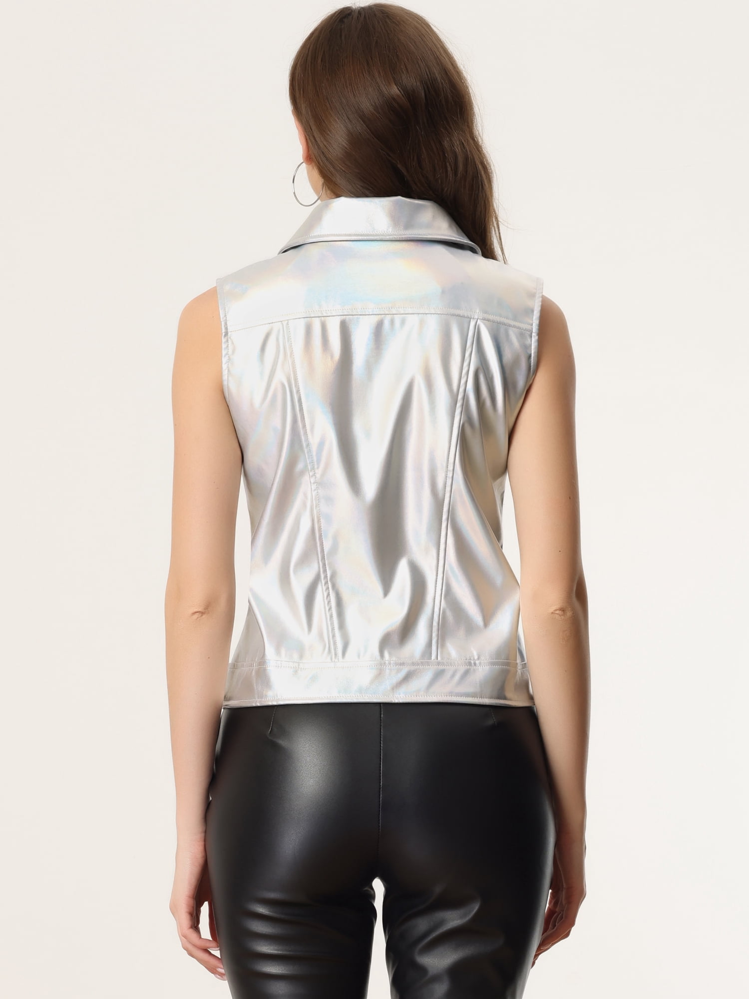 DARING DIVA Women's Metallic Holographic Shiny Vest XS Silver