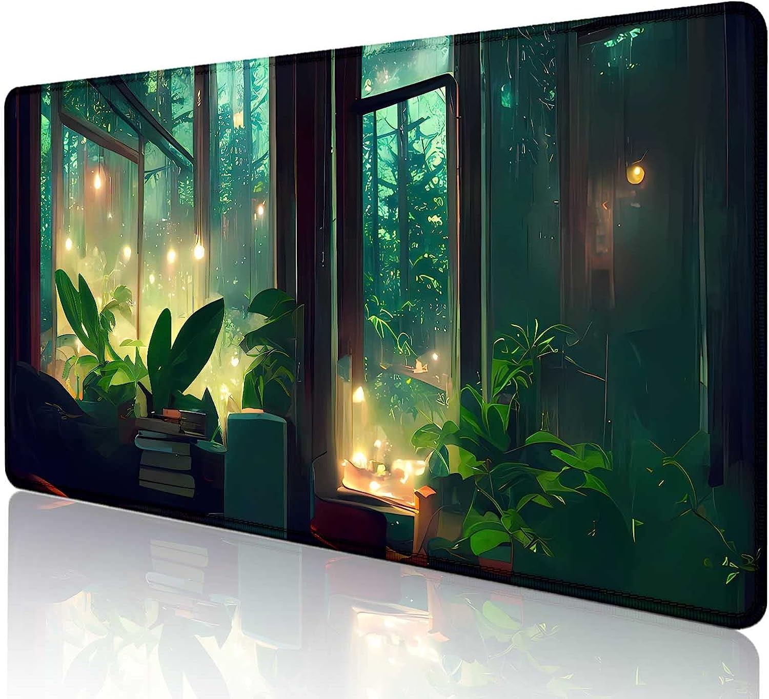Green Desk Mat Plants, Aesthetic Mousepad Large XXL Gaming Deskmat, Rainy Day Big Long Desk Mat for Work, Game, Office, Computer Accessories - 35.4 x 15.7 in