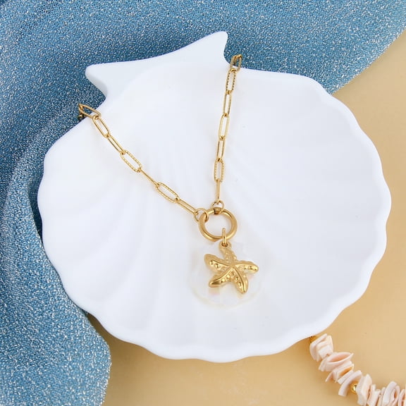 Seashell, Starfish & Bead Charms Necklace – Stainless Steel 18k gold plated, Natural shell, Beach Jewelry for Women