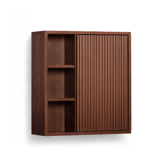 Tremolo Dual Storage Wall Cabinet, Walnut – Teamson Home: Solid Wood Wall-Mount Frame, Open & Closed Compartments with Fluted Fronts for Bathroom