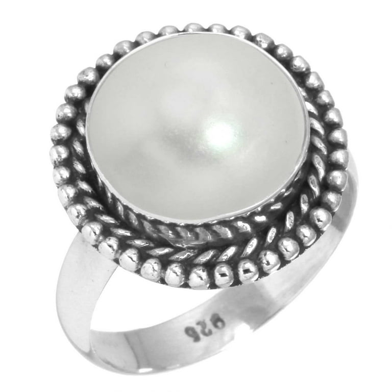 925 Sterling Silver Ring For Women - Men White Freshwater Pearl Gemstone  Silver Ring Size 5.5 April Birthstone Boho Silver Ring Size 5.5 Birthday  Gift