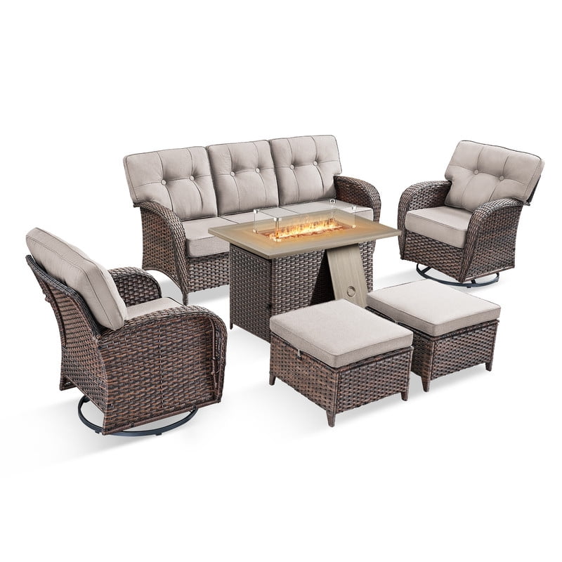 PARKWELL 6-Piece Outdoor Furniture Set with 41-Inch Propane Firepit - Rattan Cushioned Sofa and Wicker Swivel Glider Chairs,Outdoor Seating for Backyard Gatherings, Brown/Beige