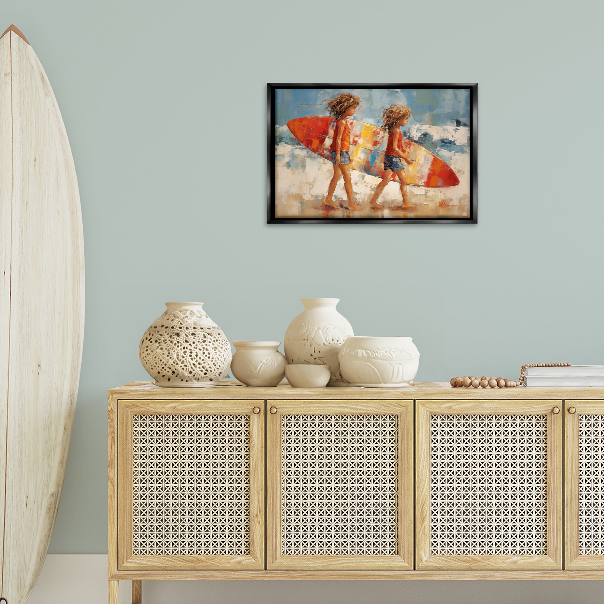 Stupell Industries Kids with Surfboard Sports Painting Black Floater Framed Canvas Art Print Wall Art, 25 x 17