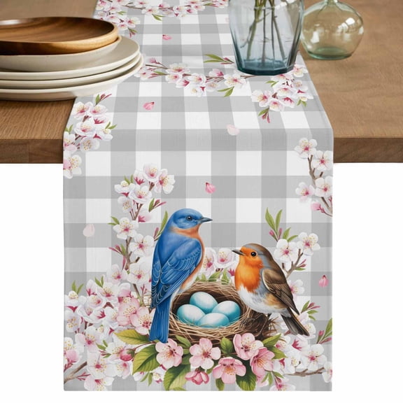 Table Runner 72 Inches Long for Kitchen Dining, Birds Floral Dresser Scarf Farmhouse, Dining Table Decorations for Wedding/Parties, Farmhouse Country Pink Flower Leaf Grey Plaid 13 x 72 In