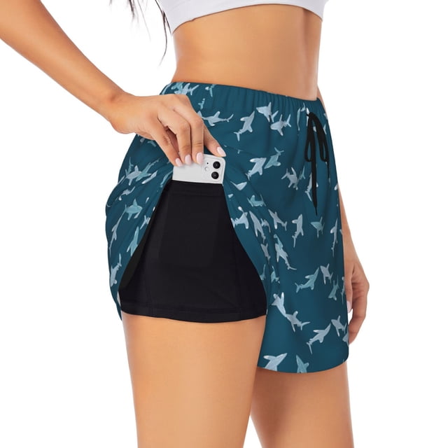 Balery Cute Shark Pantalones cortos deportivos para mujer con forro y dos bolsillos, elásticos, para entrenamiento, gimnasio, yoga-Large