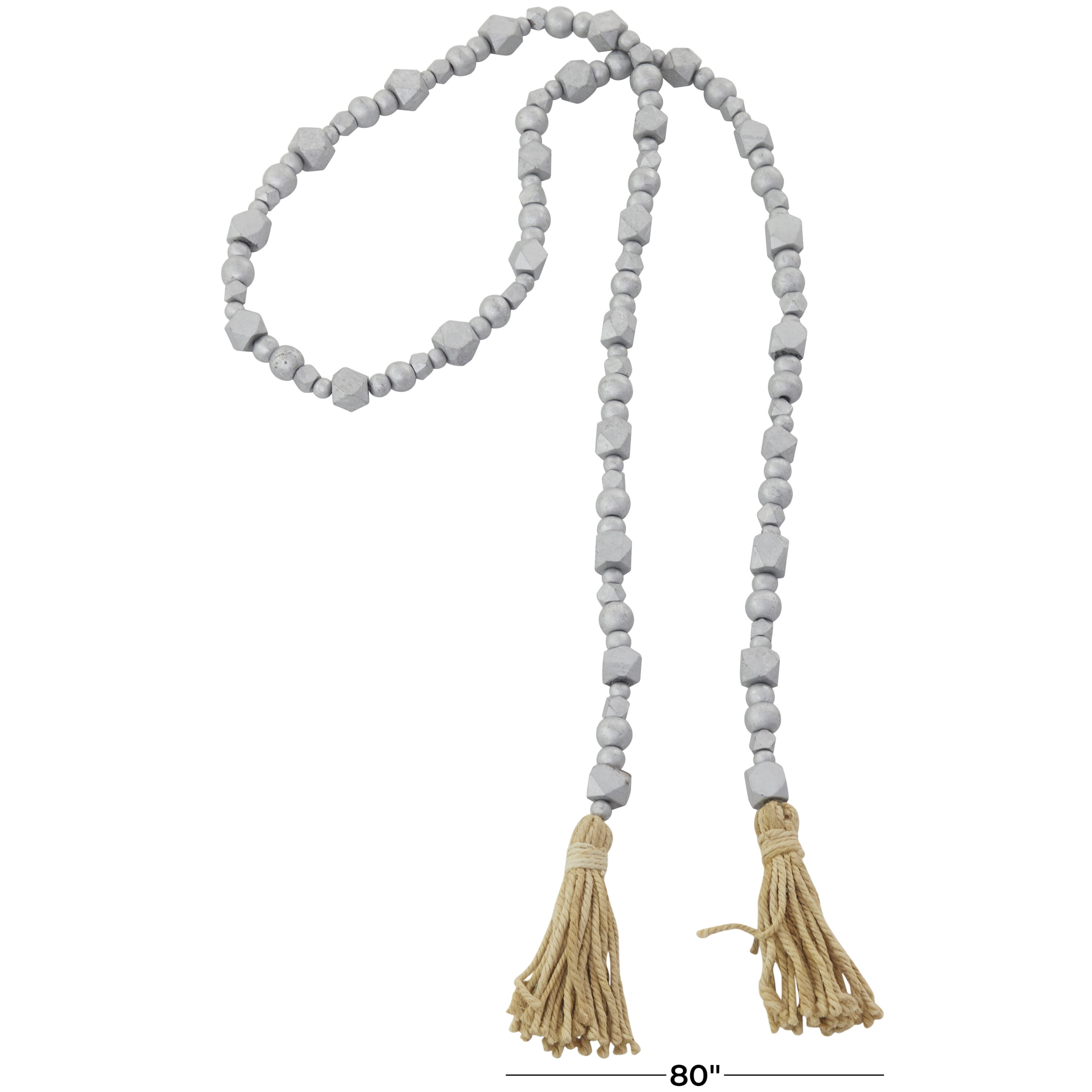 DecMode Handmade Hexagon Metallic Carved Geometric Long Beaded Silver Mango Wood Garland with Tassel