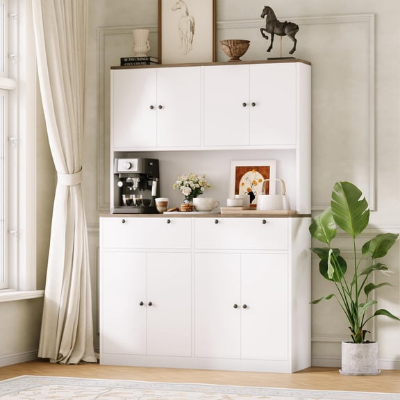 71" White Tall Kitchen Pantry Storage Cabinet with Charging Station, Food Hutch with Drawers, Doors, Shelves, and Countertop for Dining Room