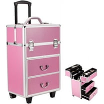 Rolling Makeup Train Case 4 Tiers, Lockable Aluminum Makeup Travel Organizer Cosmetic Case with Extendable Trays Size 14" L x 9" W x 22.4" H Rose Pink