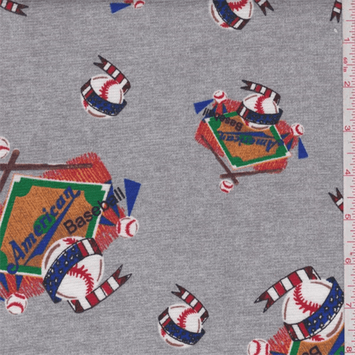 Grey Baseball Print Knit Cotton, Fabric By the Yard