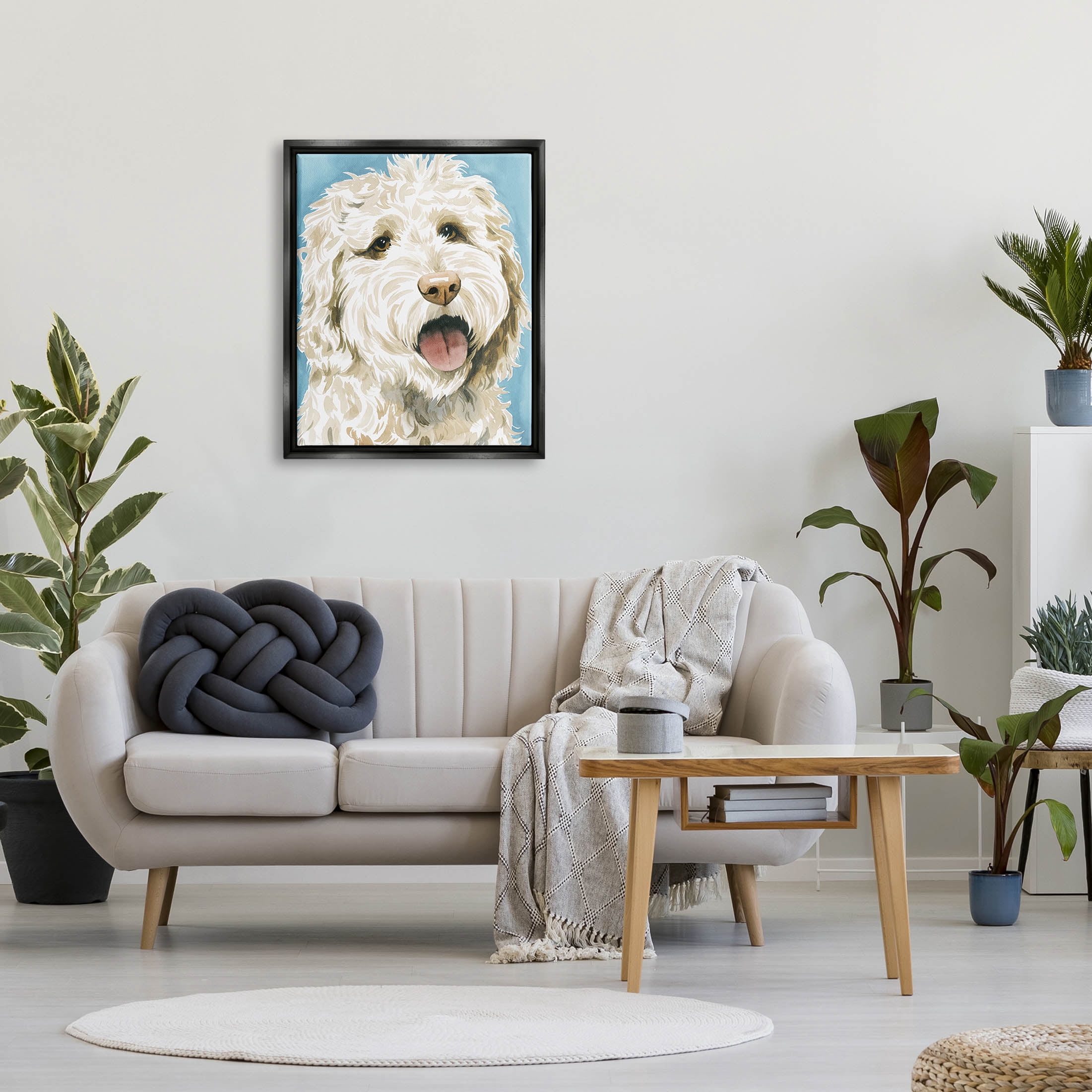 Stupell Industries Happy Shaggy Dog Portrait Painting Jet Black Floating Framed Canvas Print Wall Art, Design by Grace Popp