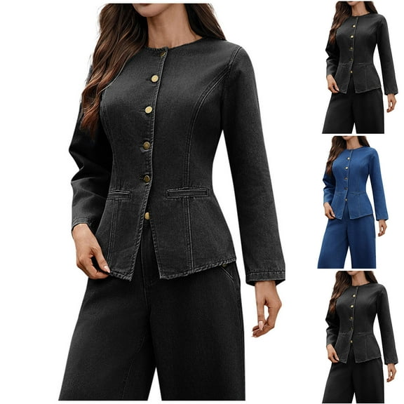 Miluxas Casual Denim Jacket for Women's Classic Solid Color Button Round Neck Long Sleeve Jean Jacket Blue XL(XL)