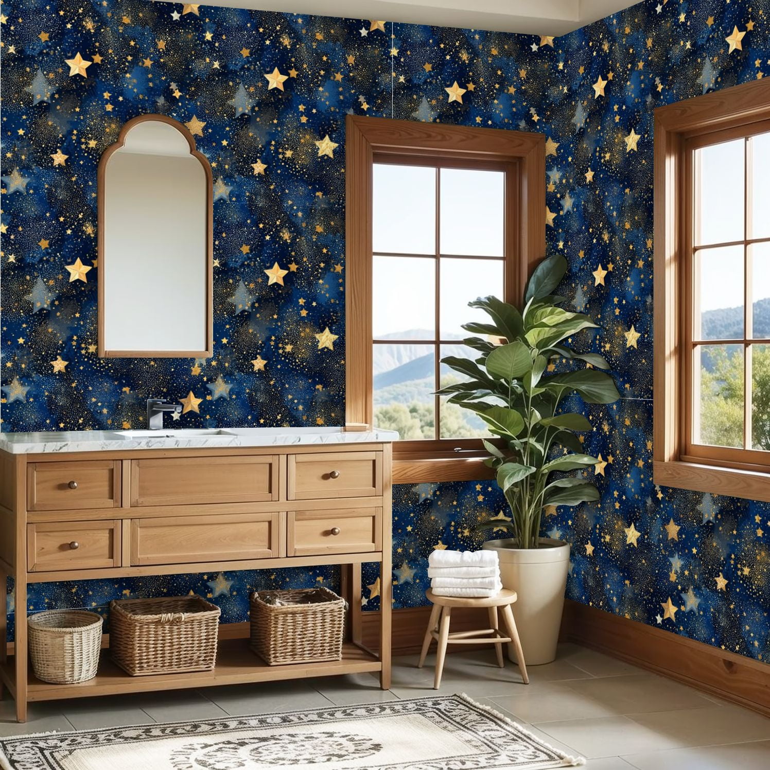 Peel and Stick Wallpaper 23.6in x 9.8ft Golden Stars Deep Blue Night Sky Sparkles Dots Contact Paper Vinyl Self-Adhesive Removable Wall Paper for Bedroom Kitchen Cabinet Décor Renter Friendly