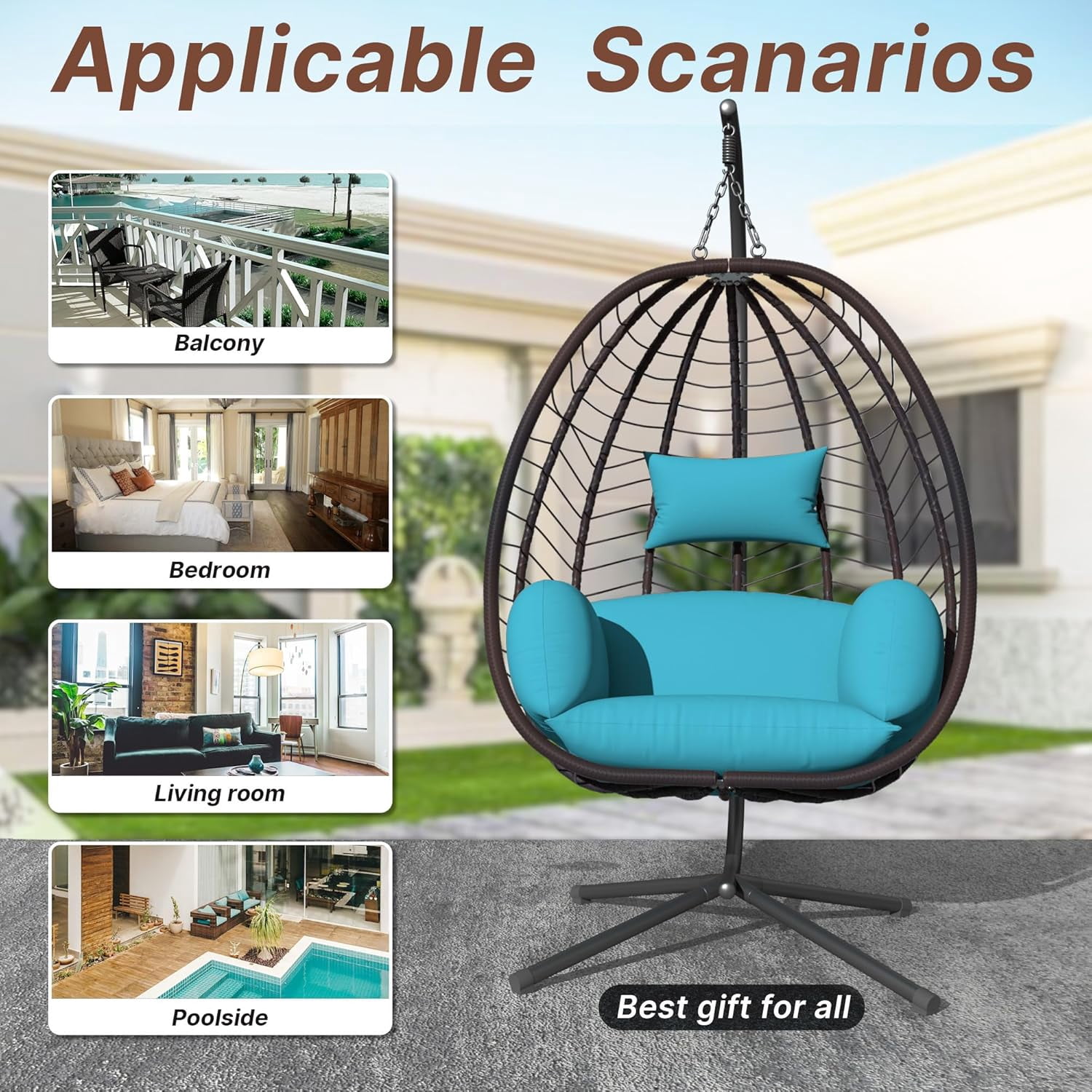 ALAULM Hanging Egg Chair with Stand, Indoor Outdoor Wicker Rattan Egg Swing Chair with Cushion Headrest, Hammock Chair 350lbs Capacity for Bedroom Patio Porch Garden Balcony(Blue)