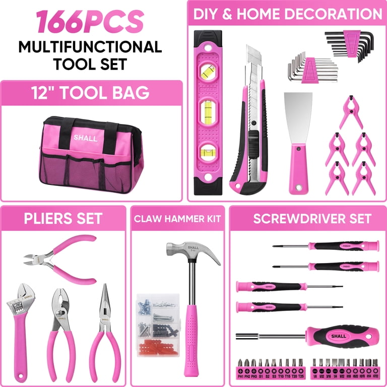 SHALL Pink Tool Set for Women, 166pcs Home Tool Kit with 12