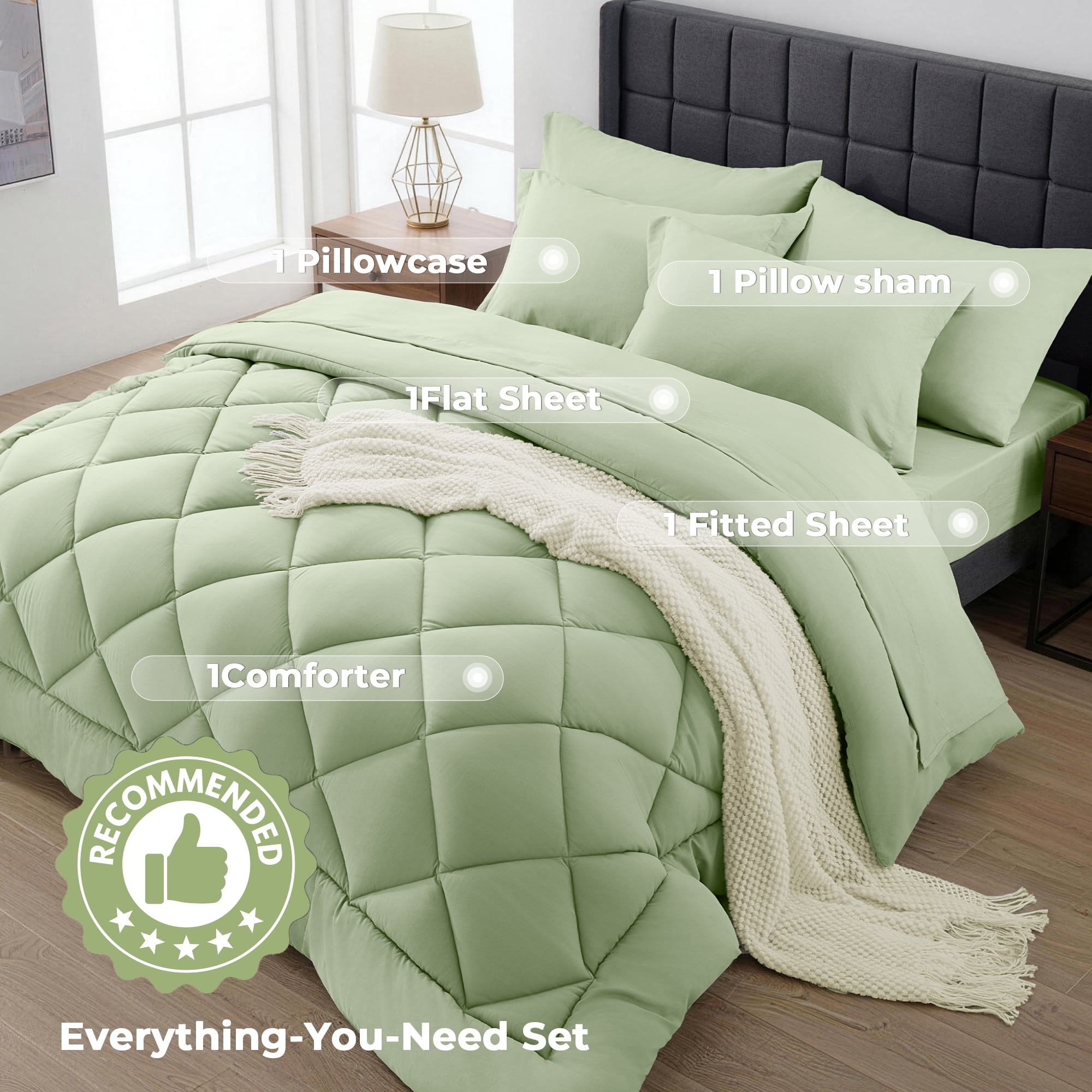 WISHEAD Twin Bed in a Bag Comforter Set with 5 Pieces for Girls and Boys Sage Green All Season Bedding Sets with Comforter, Pillow Sham, Flat Sheet, Fitted Sheet and Pillowcase