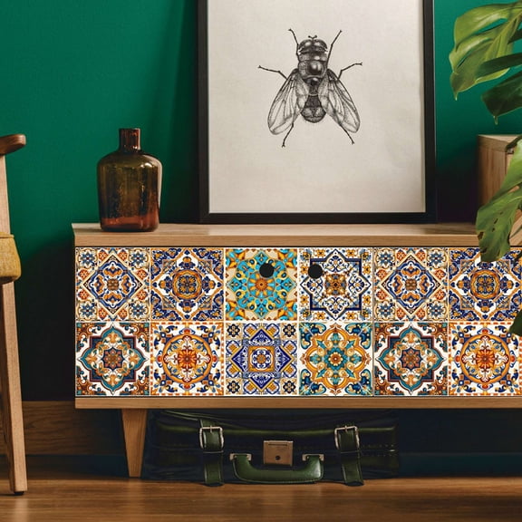 Mandala Style 24 Pcs (6 x 6 in) Decorative Tile Stickers, Peel and Stick Self Adhesive Removable Moroccan Talavera Tiles Backsplash Waterproof Kitchen Bathroom Furniture Staircase Home Decor A