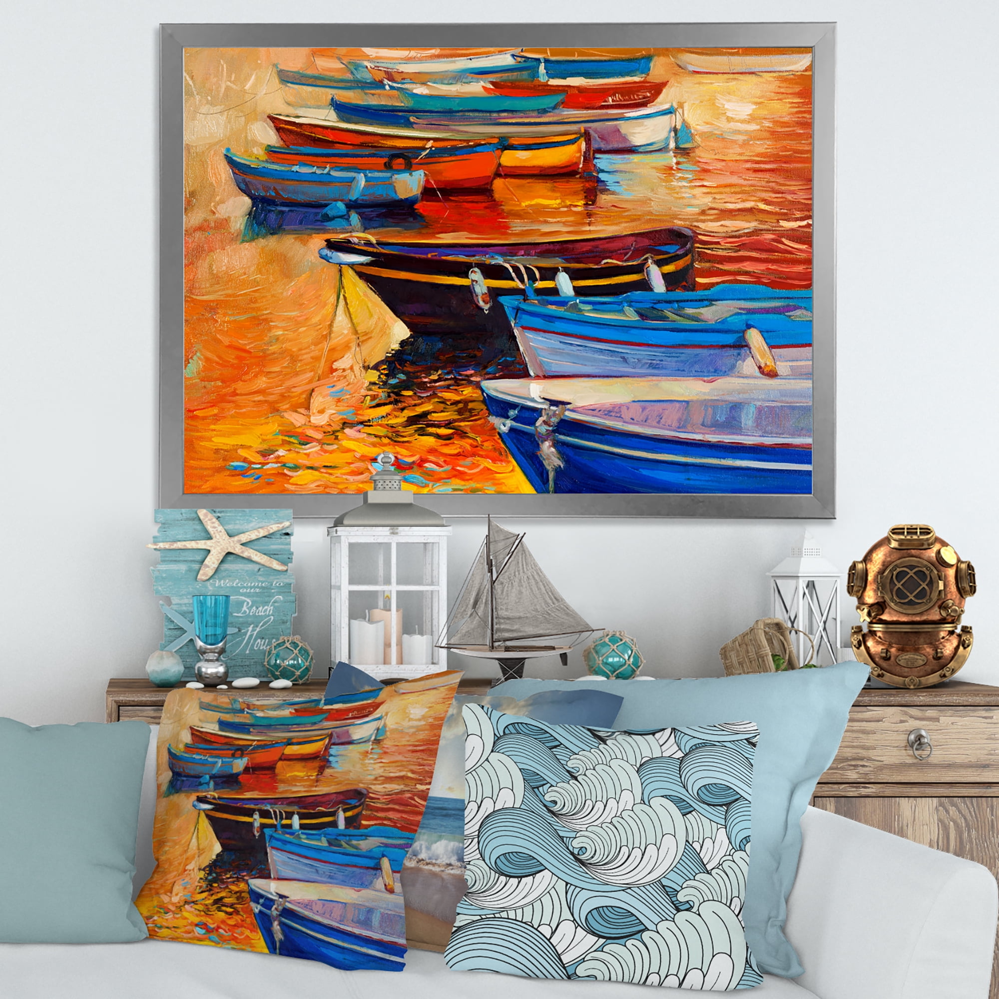Boats During Warm Colored Sunset In The Harbor I 20 in x 12 in Framed Painting Canvas Art Print, by Designart