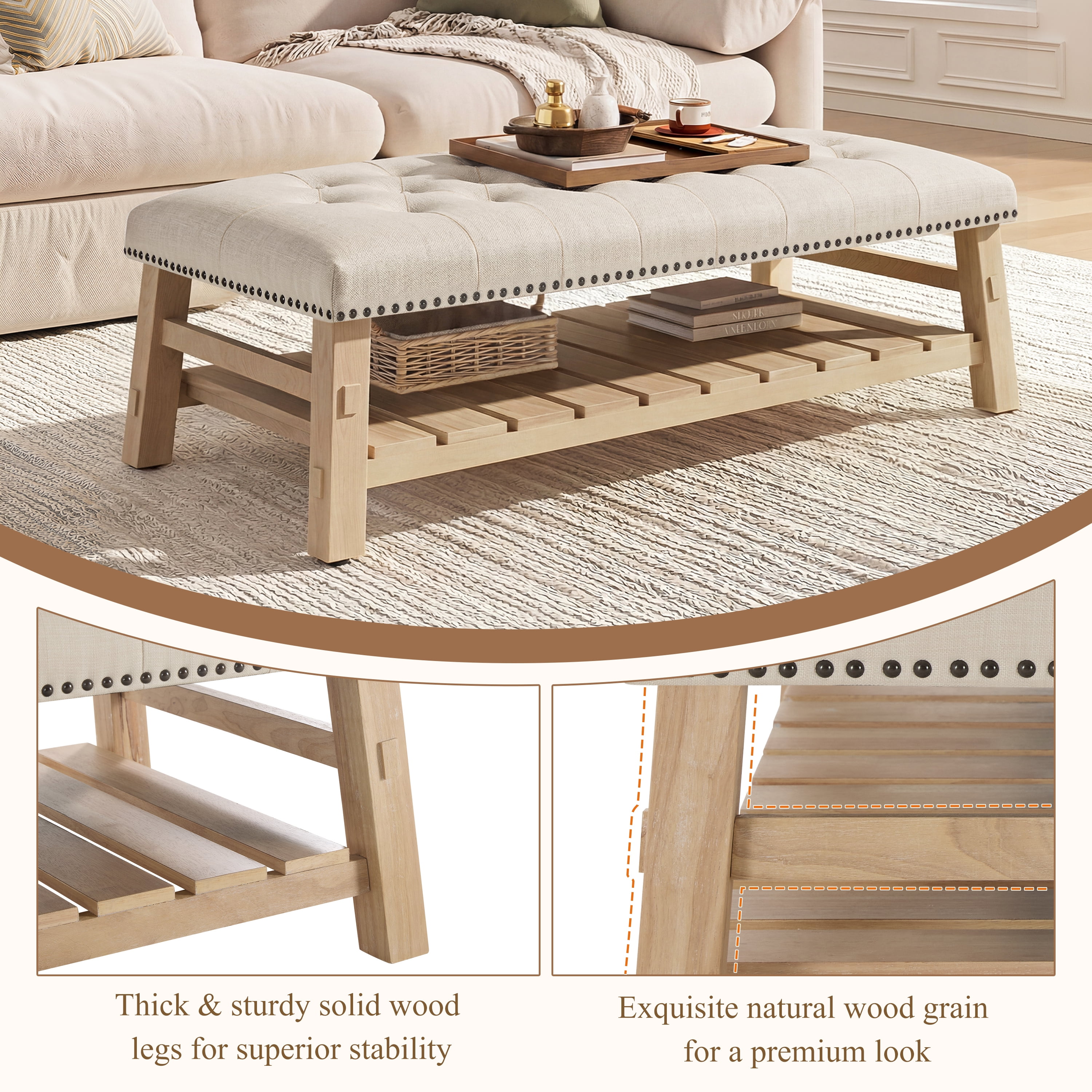 Euroco Large Rectangle Ottoman Coffee Table,Tufted Upholstered Footrest Ottoman with Shelf Storage,Nailhead Trim & Solid Wood Legs for Bedroom Living Room,Beige