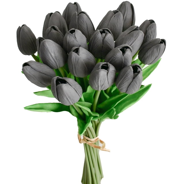Flores artificiales de seda con forma de tulipán Mandy, color gris oscuro, 20 unidades